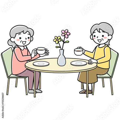ティータイムを楽しむシニア女性たち