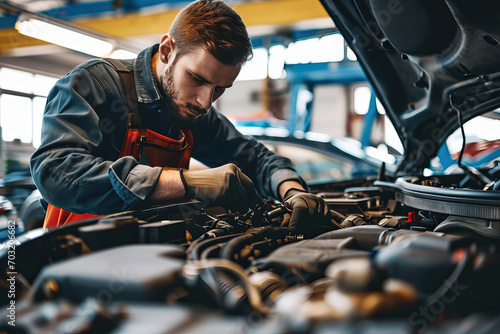 Professional auto mechanic working in auto repair service. Car service and repair
