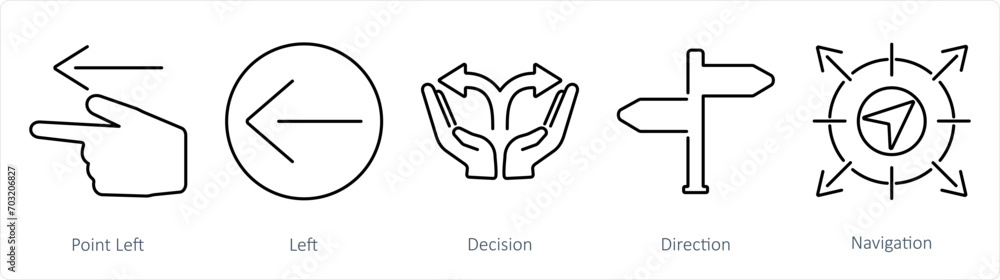 A set of 5 Direction icons as point left, left, decision - obrazy, fototapety, plakaty 