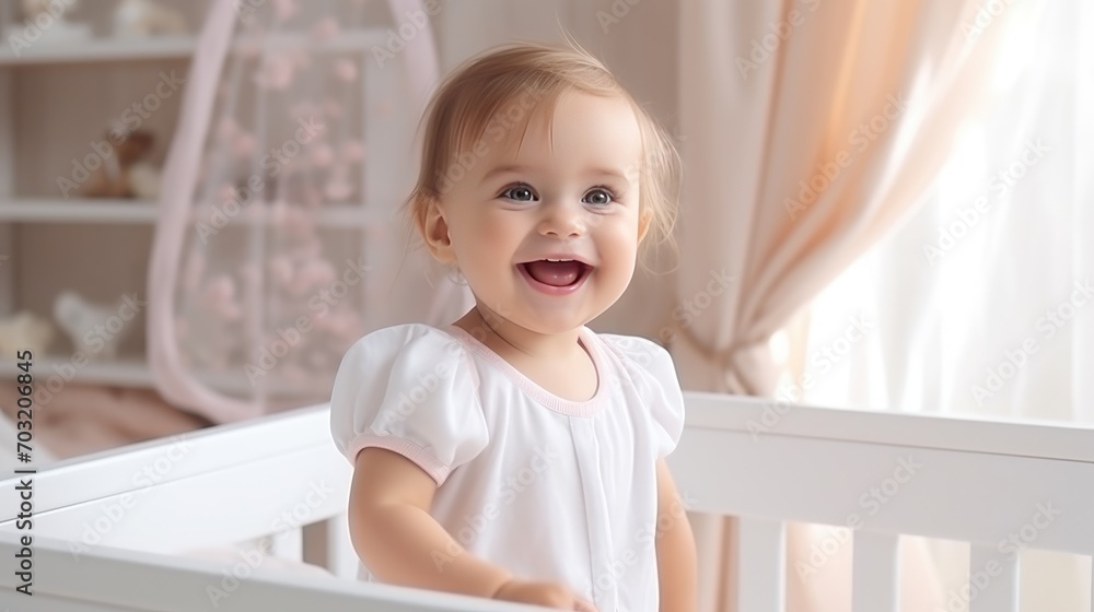 A cute little 1-2 year old baby with blonde hair is standing in a crib and laughing. Happy childhood. Kids's emotions