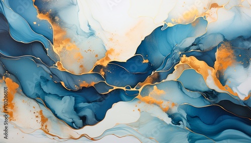 Banner Abstract marble waves, painted with crushed gold. Made in liquid art style. Epoxy resin texture with blue and gold as background.