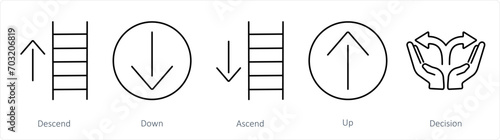 A set of 5 Direction icons as descend, down, ascend