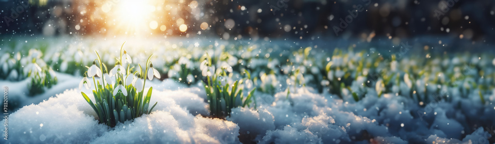 delightful paradox of spring unfolds as snowdrop flowers bravely emerge from under a blanket of snow. The contrast between the delicate blooms and the snowy surroundings creates a visually enchanting - obrazy, fototapety, plakaty 