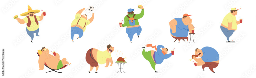Funny Man Character with Fat Belly Engaged in Different Activity Vector Set