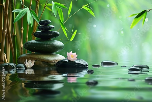 rocks stacked on rocks and bamboo trees on water background