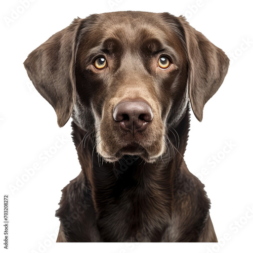 Studio headshot portrait of Chocolate Labrador retriever with quirky expression
