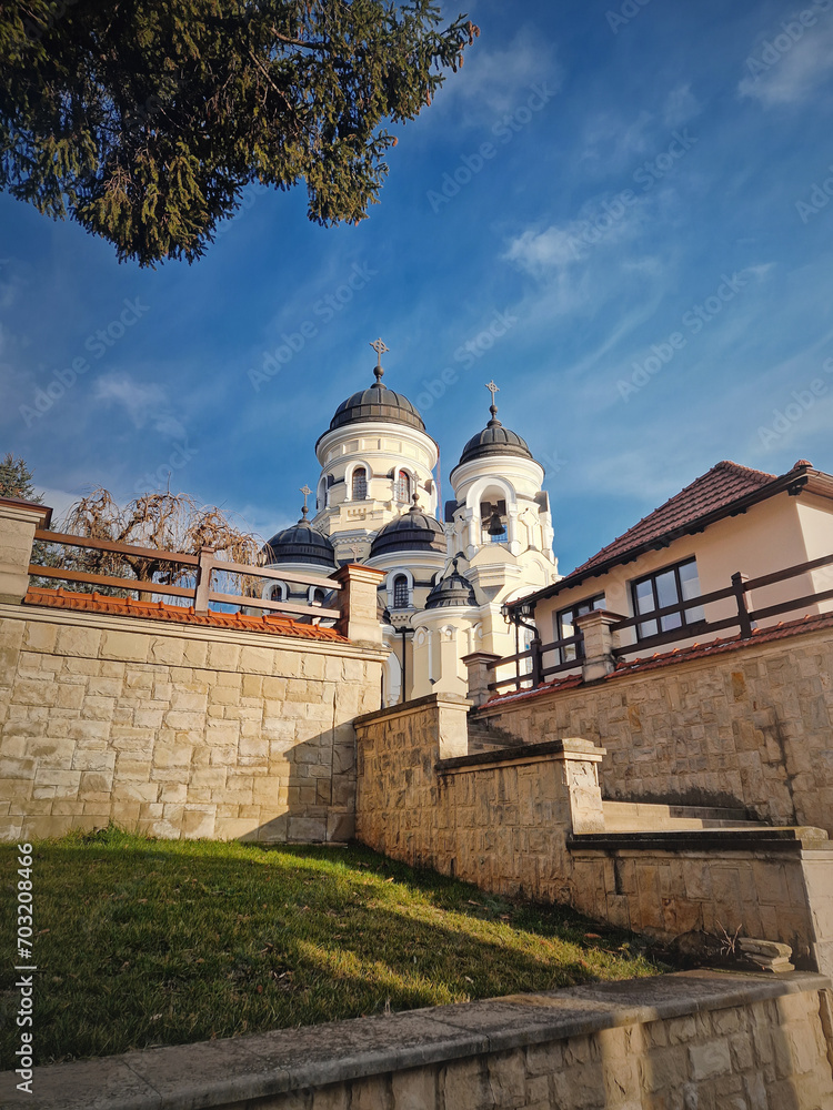 Capriana Monastery outdoors view. Traditional Christian Orthodox church located in Republic of Moldova. Eastern Europe basilica traditional architectural style