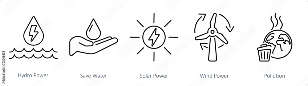 A set of 5 Ecology icons as hydro power, save water, solar power