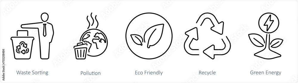 A set of 5 Ecology icons as waste sorting, pollution, eco friendly - obrazy, fototapety, plakaty 