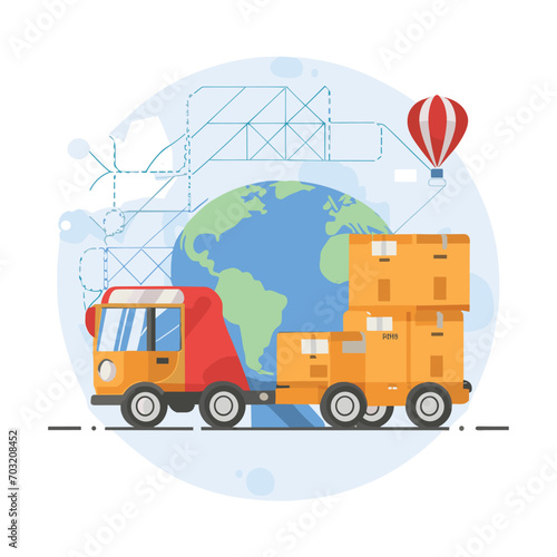 2d vector illustration colorful Land and sea transport techniques, methods and technological tools for transporting and shipping goods and products and logistic 