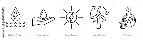 A set of 5 Ecology icons as hydro power, save water, solar power