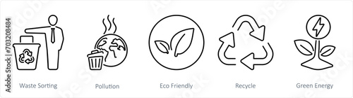 A set of 5 Ecology icons as waste sorting, pollution, eco friendly