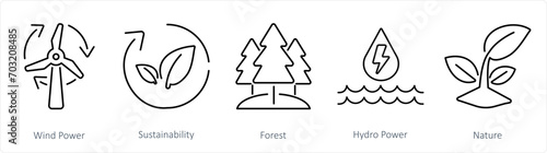 A set of 5 Ecology icons as wind power, sustainability, forest