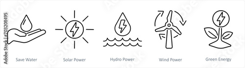 A set of 5 Ecology icons as save water, solar power, hydro power