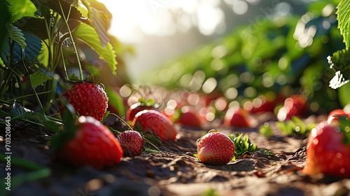 Strawberry fields strewn with juicy berries, like a carpet made of red pearls photo