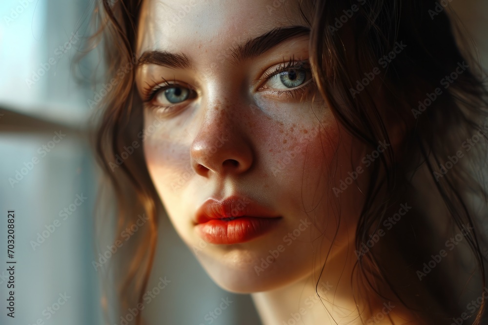 Serene Beauty with a Gaze.
Woman with striking eyes and freckles.