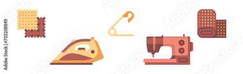 Sewing Tool and Equipment with Pin, Machine, Clothes and Iron Vector Set