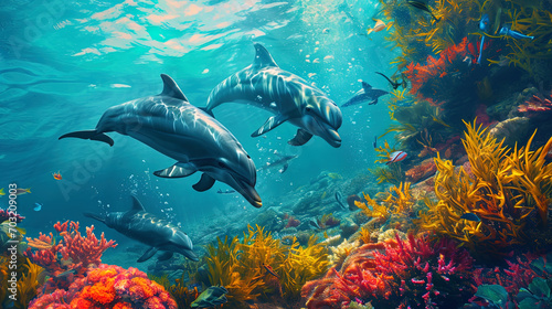 Underwater fun: a group of playful dolphins surrounded by colorful sea plants and corals © JVLMediaUHD