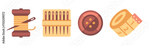 Sewing Tool and Equipment with Thread with Needles, Button and Measuring Tape Vector Set