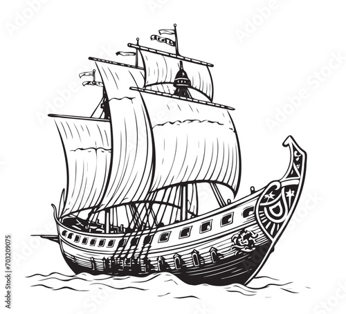 Viking ship sketch, hand drawn Vector illustration