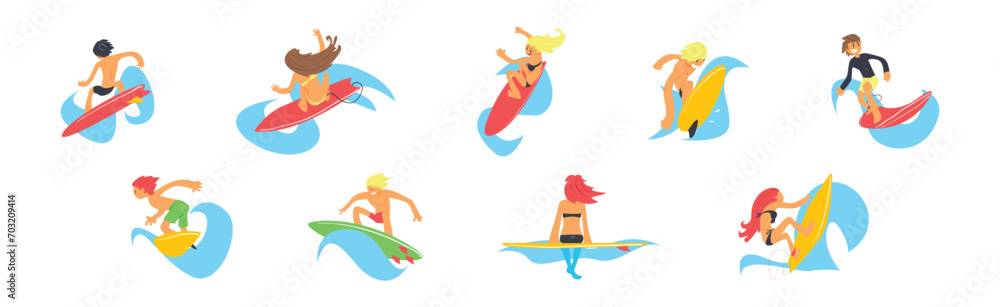 Man and Woman Surfer Character Ride Ocean Wave Vector Set