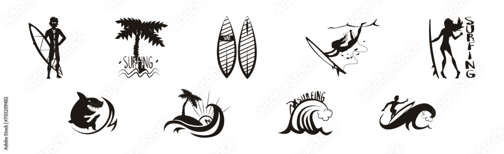 Surfing Black Silhouette with Surfboard, Wave, Man and Shark Vector Set Surfing Black Silhouette with Surfboard, Wave, Man and Shark Vector Set
