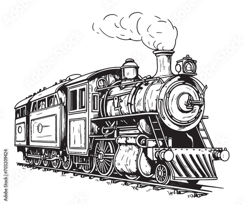 Steam locomotive retro hand drawn sketch Vector illustration ,Train transport