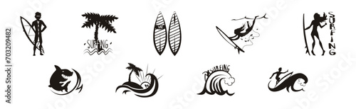 Surfing Black Silhouette with Surfboard, Wave, Man and Shark Vector Set