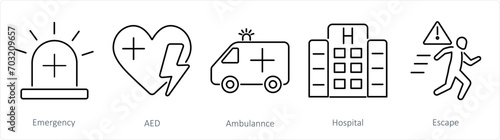 A set of 5 Emergency icons as emergency, aed, ambulance