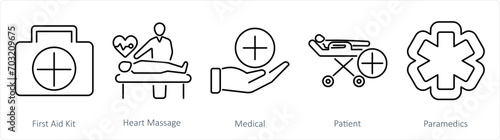 A set of 5 Emergency icons as first aid kit, heart massage, medical