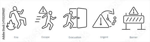 A set of 5 Emergency icons as fire, escape, evacuation