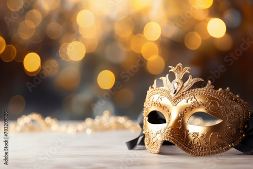 Carnival gold masks lying on a table against a gold glitter background