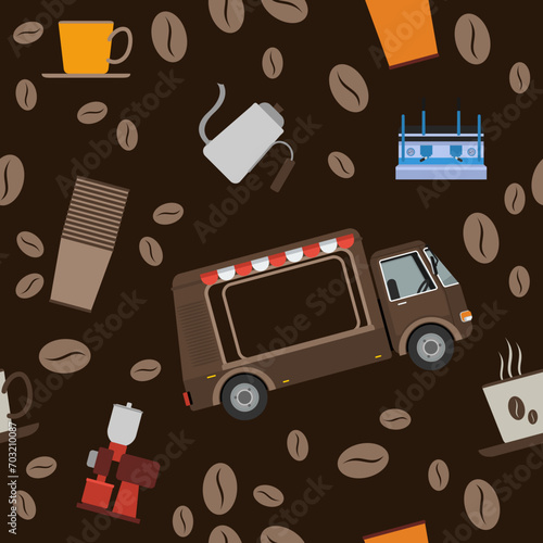 Editable Mobile Coffee Van Shop With Espresso Machine and Brewing Equipment Vector Illustration Seamless Pattern in Flat Style With Dark Background for Cafe Related Concept Purposes