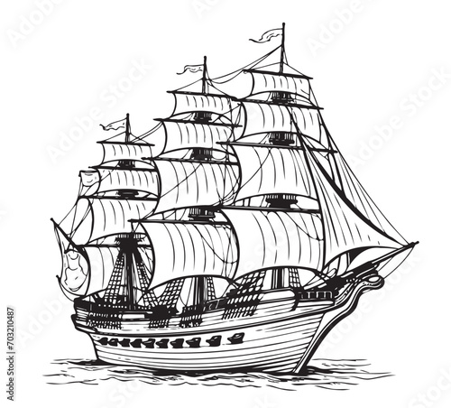 Vintage Pirate ship sketch hand drawn Vintage sea transport.Vector illustration