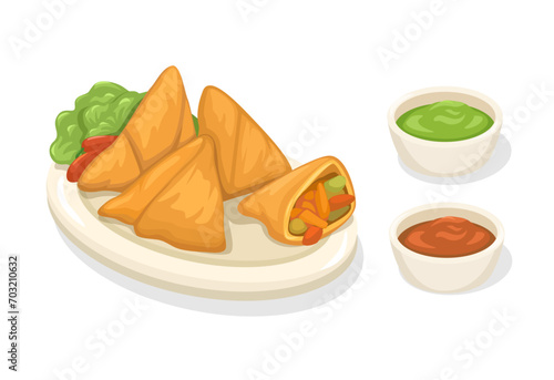 Samosa Asian Traditional Food From India Cartoon illustration Vector