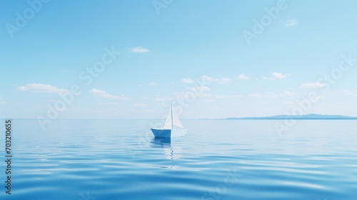 Paper boat sails on a calm, infinite blue sea under a clear sky.