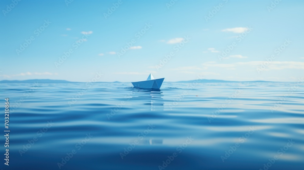 Paper boat sails on a calm, infinite blue sea under a clear sky.