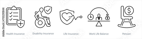 A set of 5 Employee Benefits icons as health insurance, disability insurance, life insurance