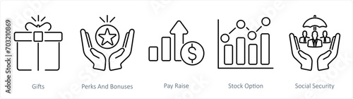 A set of 5 Employee Benefits icons as gifts, perks and bounses, pay raise