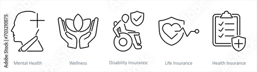 A set of 5 Employee Benefits icons as mental health, wellness, disability insurance