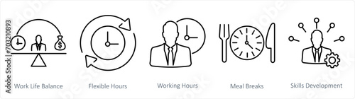 A set of 5 Employee Benefits icons as work life balance, flexible hours, working hours