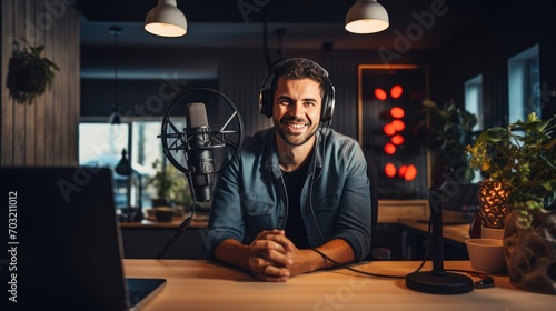 Portrait of a podcaster sitting in a home recording studio photo