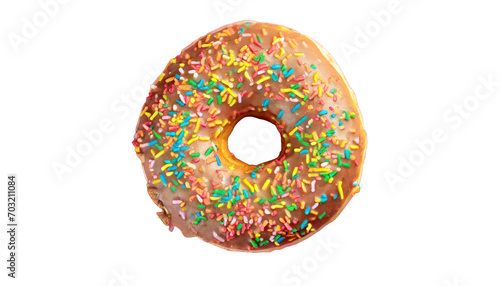 Delicious glazed donut with colorful sprinkles transparent background.