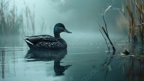Serene duck floats on a misty water surface surrounded by reeds photo