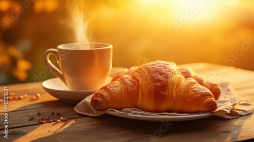 Golden croissants bask in morning light beside a steaming cup of coffee
