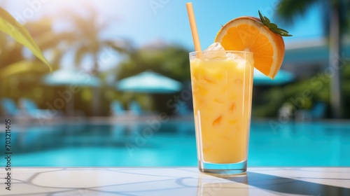 Chilled tropical drink against a poolside backdrop under sunny skies