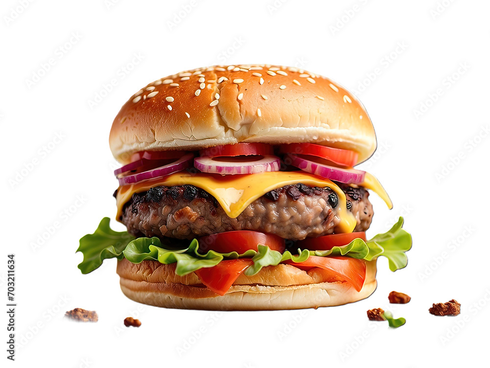 Hamburger with melting cheese and burger, tomato isolated on the white background