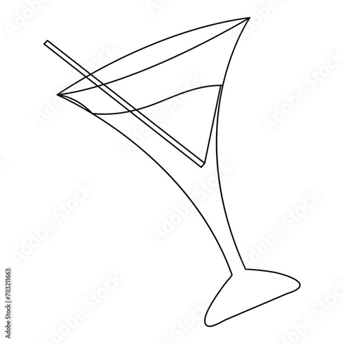 Continuous one line art drawing cocktail, summer fresh drink and glass outline vector illustration
