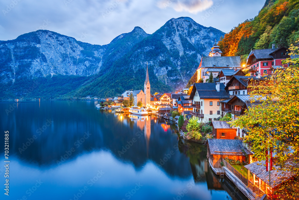 Hallstatt, Austria. Scenic postcard view of world famous alpine village in Upper Austria, Dachstein Alps.