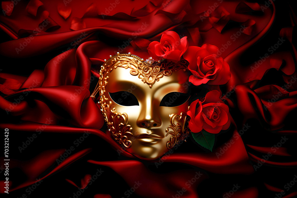 Mysterious golden Venetian mask and red roses flowers on red silk background